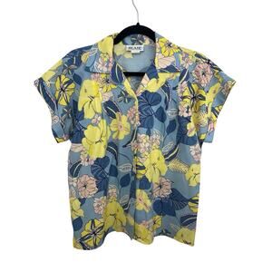 Vtg Blair Women's Shirt Floral Short Sleeve Small Button Up Blue Yellow Tropical